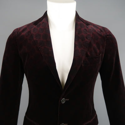 UNITED ARROWS Chest Size 34 Burgundy Print Velvet Notch Lapel Sport Coat