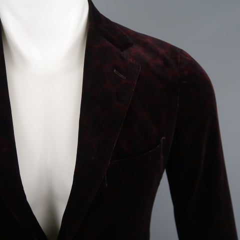 UNITED ARROWS Chest Size 34 Burgundy Print Velvet Notch Lapel Sport Coat
