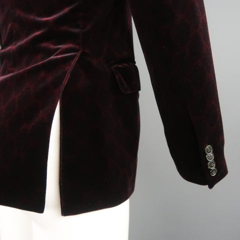 UNITED ARROWS Chest Size 34 Burgundy Print Velvet Notch Lapel Sport Coat