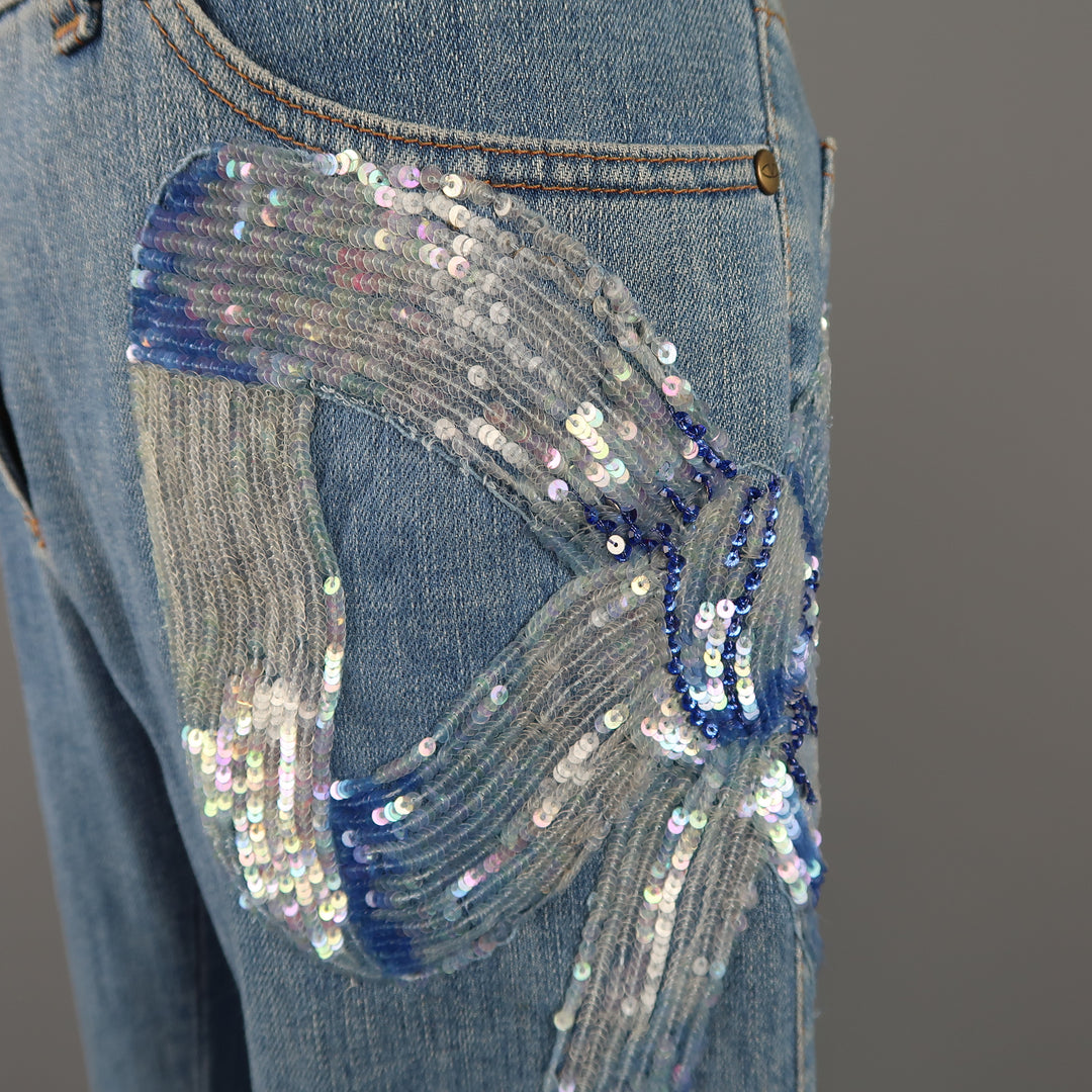 VALENTINO Size 4 Light Wash Blue Beaded Sequin Bow Jeans