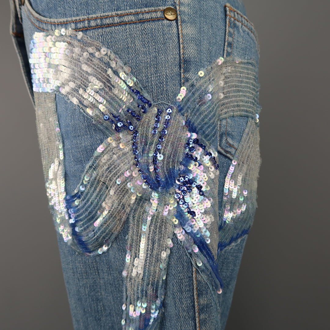 VALENTINO Size 4 Light Wash Blue Beaded Sequin Bow Jeans