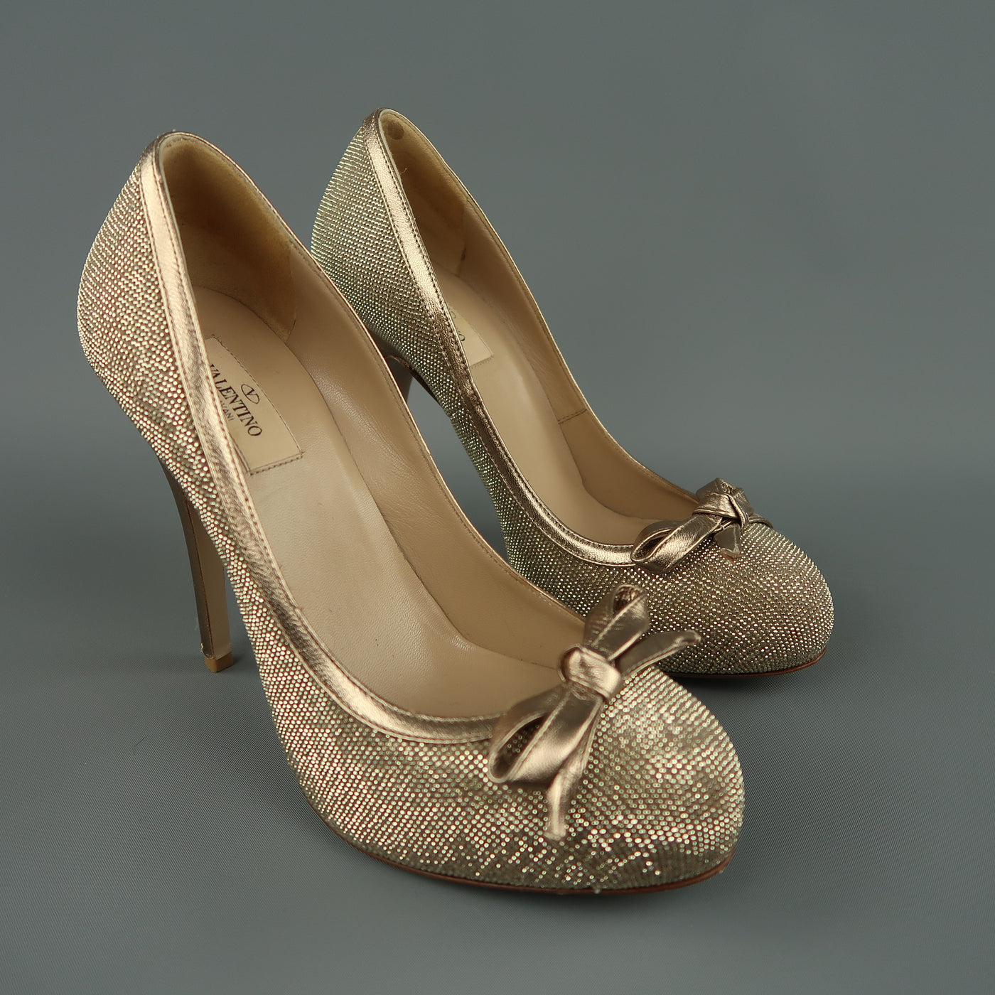 VALENTINO Size 9 Gold Crystal Studded Leather Platform Bow Pumps