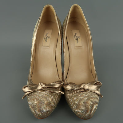 VALENTINO Size 9 Gold Crystal Studded Leather Platform Bow Pumps