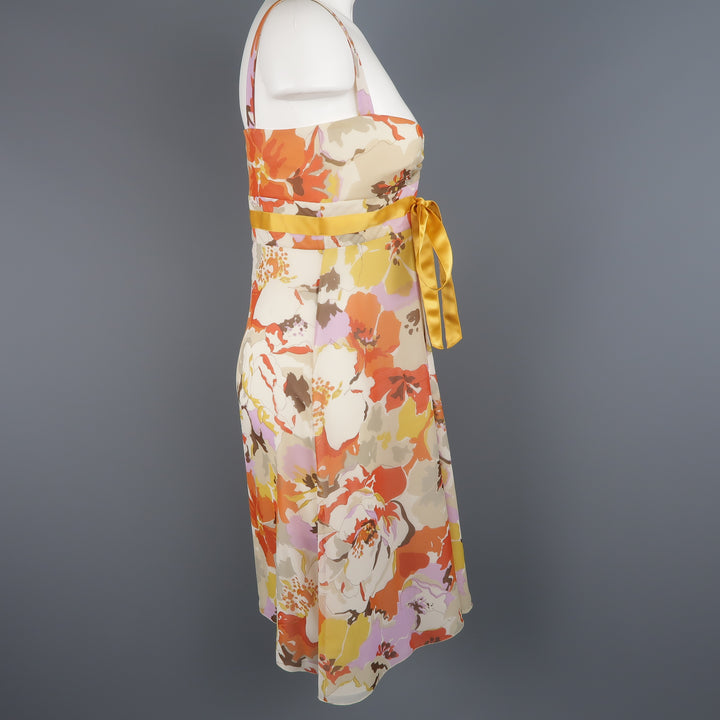 VALENTINO Size M Orange Floral Print Silk Babydoll Dress