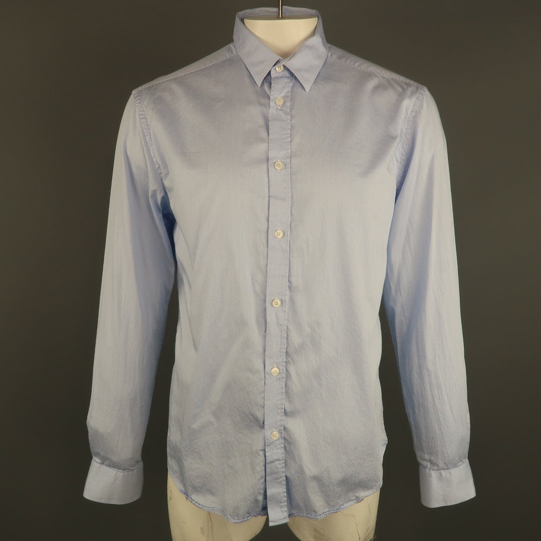 VERSACE -COLLECTION Size L White & Blue Stripe Cotton  Long Sleeve Shirt
