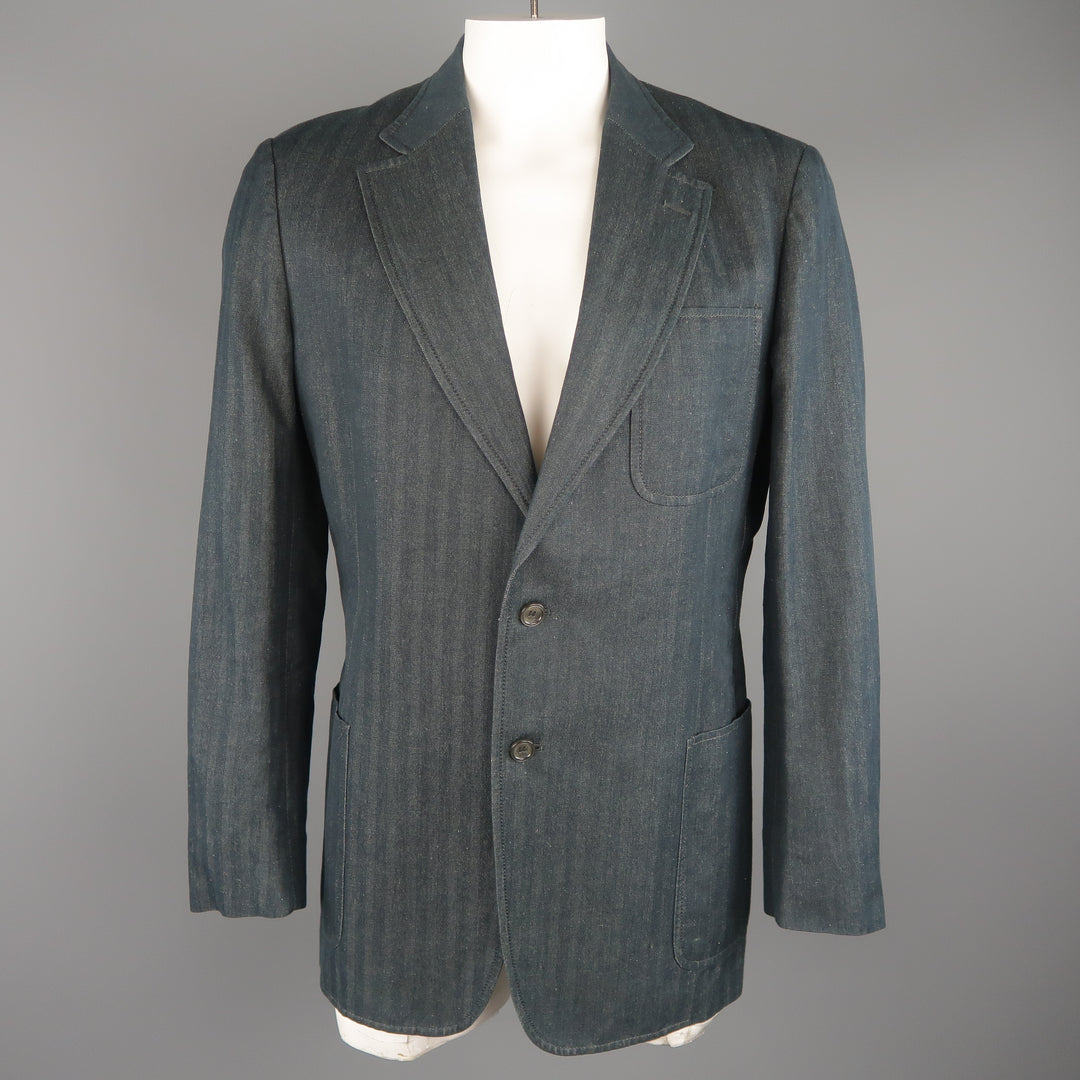 VERSACE COLLECTION 46 Long Indigo Herringbone Cotton / Linen Sport Coat