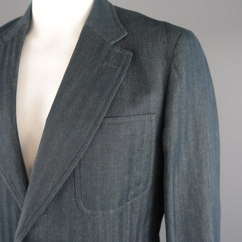 VERSACE COLLECTION 46 Long Indigo Herringbone Cotton / Linen Sport Coat