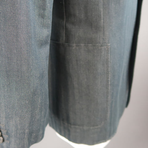 VERSACE COLLECTION 46 Long Indigo Herringbone Cotton / Linen Sport Coat