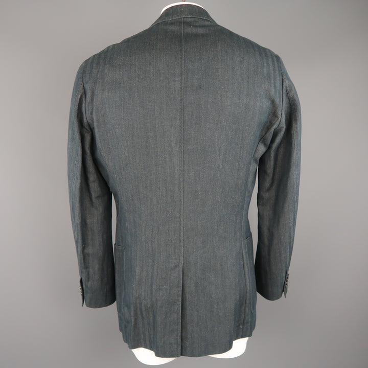 VERSACE COLLECTION 46 Long Indigo Herringbone Cotton / Linen Sport Coat