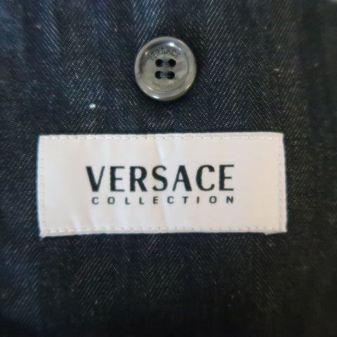 VERSACE COLLECTION 46 Long Indigo Herringbone Cotton / Linen Sport Coat