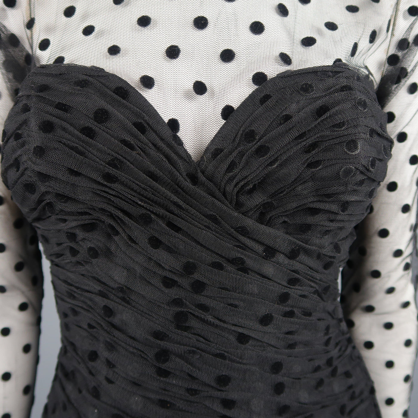 VICKY TIEL COUTURE Size M Black Polka Dot Pleated Silk Tulle Cocktail Dress