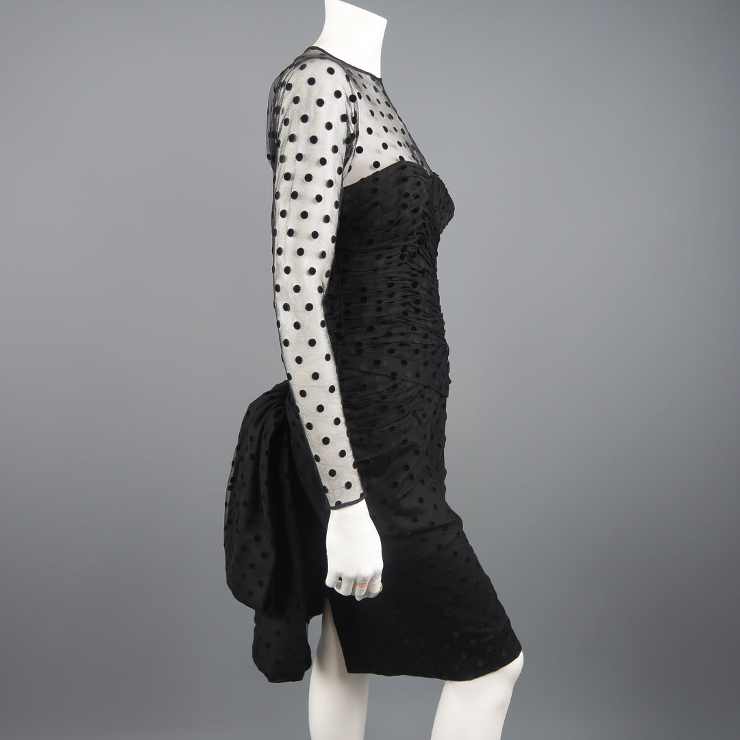 VICKY TIEL COUTURE Size M Black Polka Dot Pleated Silk Tulle Cocktail Dress