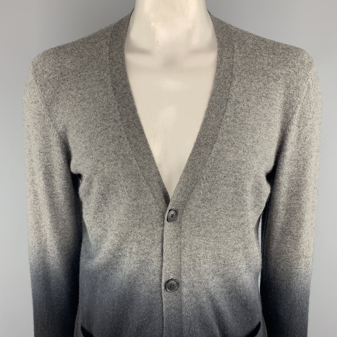 VINCE Size XL Black & Grey Ombre Cashmere V-Neck Cardigan Sweater