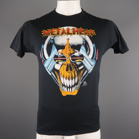 VINTAGE Taille M Noir Metal Head Rock 80s Graphique Coton / Polyester T-shirt