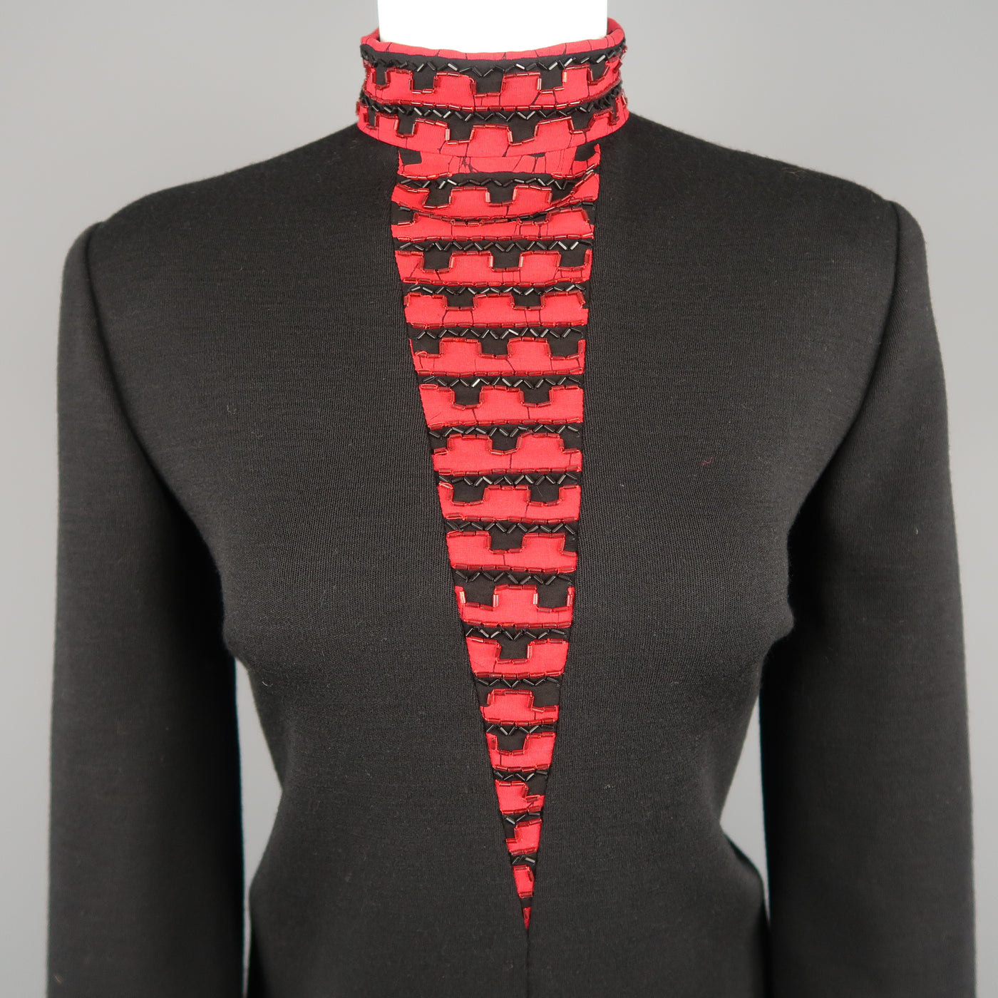 Vintage 1980's BOB MACKIE Size L Black Jersey Red Beaded Neck Dress