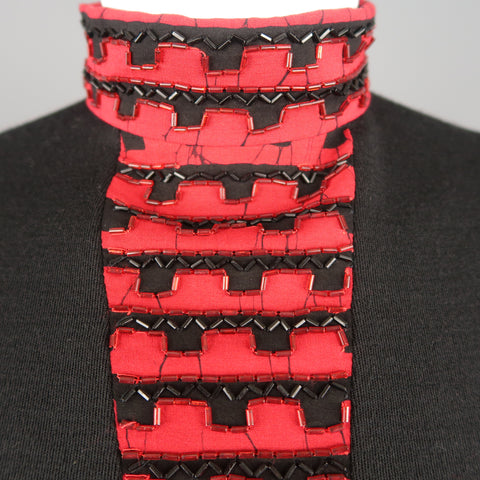 Vintage 1980's BOB MACKIE Size L Black Jersey Red Beaded Neck Dress