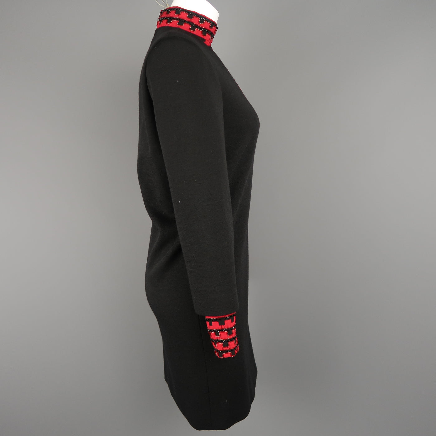 Vintage 1980's BOB MACKIE Size L Black Jersey Red Beaded Neck Dress
