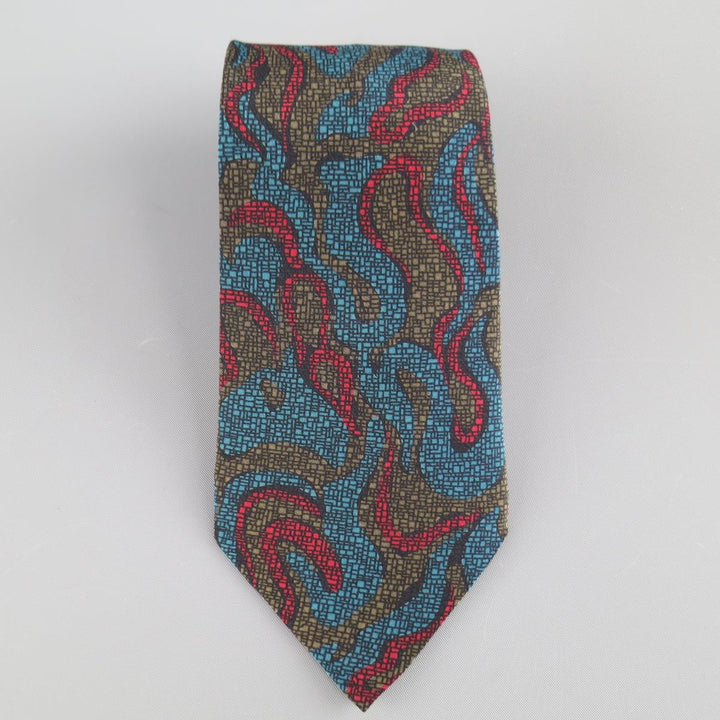 vintage années 1980 GIANNI VERSACE Cravate en soie à imprimé abstrait rouge olive et bleu 