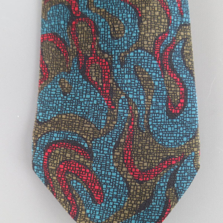 vintage années 1980 GIANNI VERSACE Cravate en soie à imprimé abstrait rouge olive et bleu 