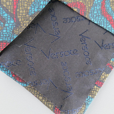 Vintage 1980s GIANNI VERSACE Olive Red & Blue Abstract Print Silk Tie