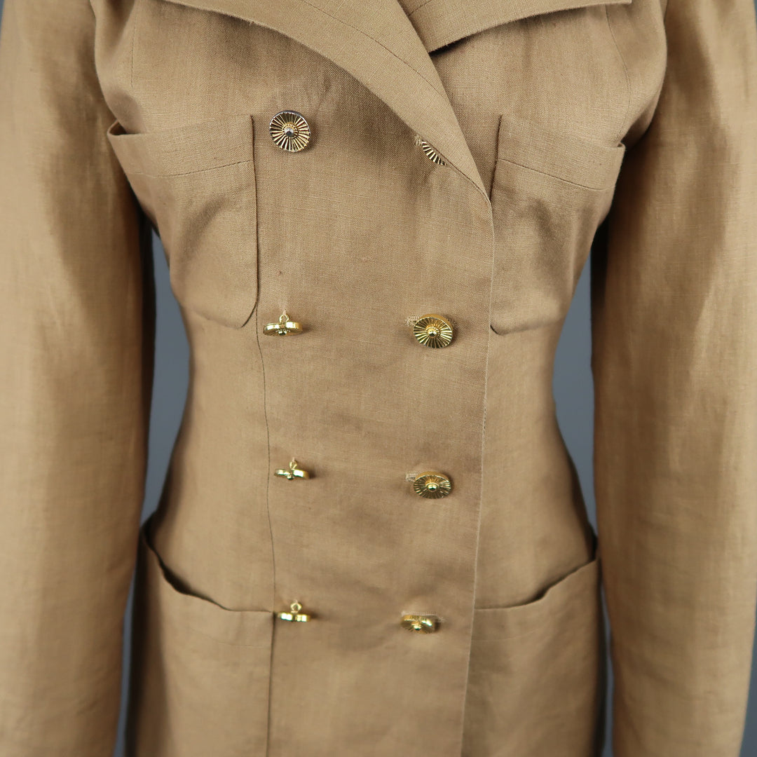 Vintage 1990 CHANEL Size 4 Tan Linen Double Breasted Skirt Suit