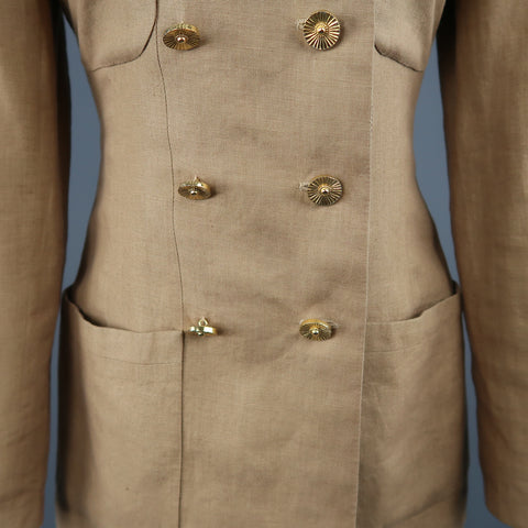 Vintage 1990 CHANEL Size 4 Tan Linen Double Breasted Skirt Suit
