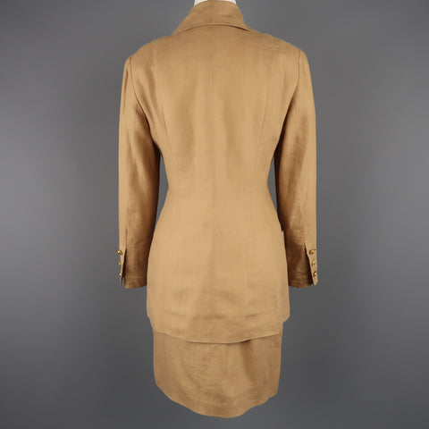 Vintage 1990 CHANEL Size 4 Tan Linen Double Breasted Skirt Suit