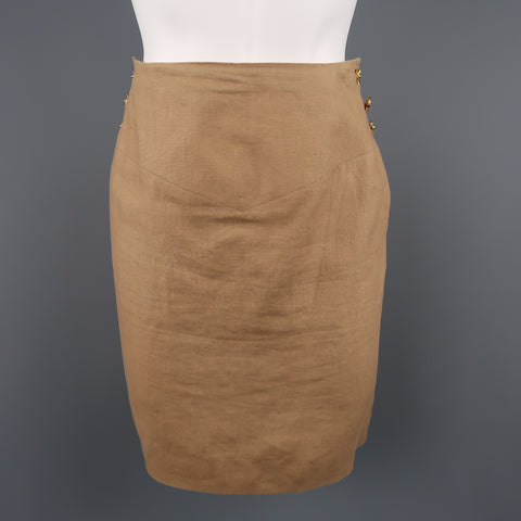 Vintage 1990 CHANEL Size 4 Tan Linen Double Breasted Skirt Suit