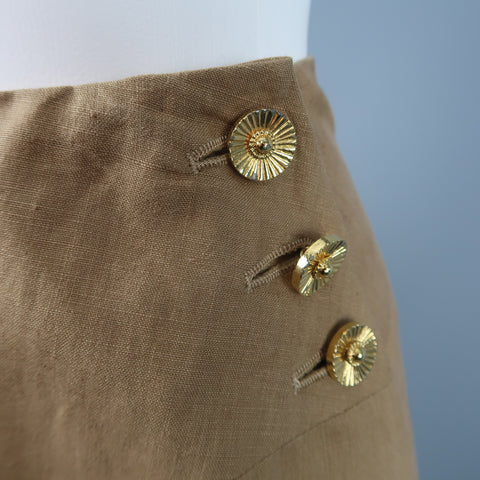 Vintage 1990 CHANEL Size 4 Tan Linen Double Breasted Skirt Suit