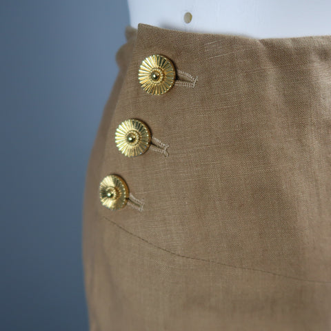 Vintage 1990 CHANEL Size 4 Tan Linen Double Breasted Skirt Suit