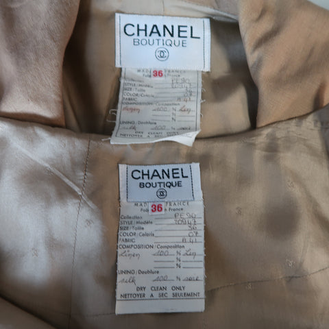 Vintage 1990 CHANEL Size 4 Tan Linen Double Breasted Skirt Suit