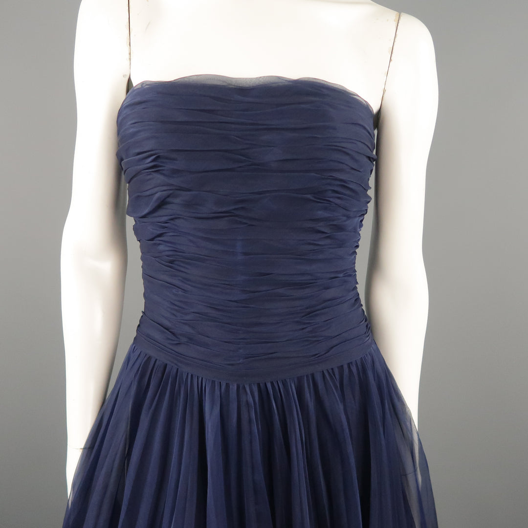 Vintage CHANEL Size US 8 / FR 40 Navy Gathered Silk Strapless Spring 1997 Dress