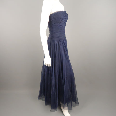 Vintage CHANEL Size US 8 / FR 40 Navy Gathered Silk Strapless Spring 1997 Dress