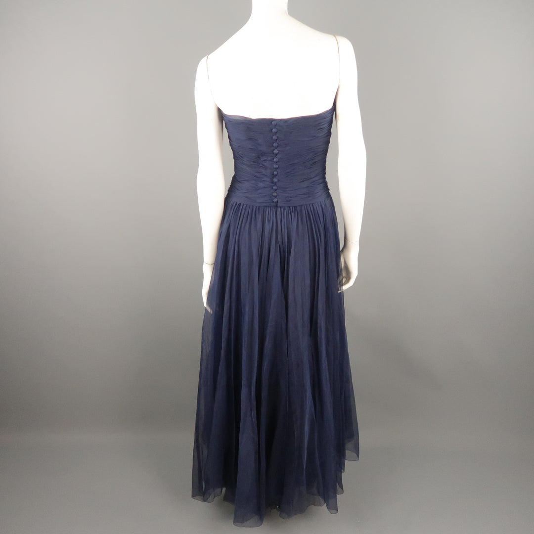 Vintage CHANEL Size US 8 / FR 40 Navy Gathered Silk Strapless Spring 1997 Dress