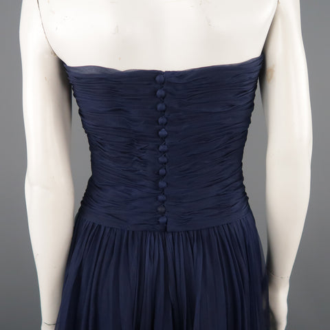 Vintage CHANEL Size US 8 / FR 40 Navy Gathered Silk Strapless Spring 1997 Dress