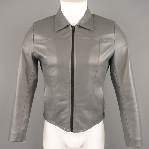 Vintage FOG CITY XS Grey Leather Zip Up Pointed Collar Jacket