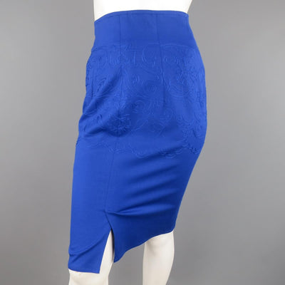 Vintage GIANNI VERSACE Size 4 Blue Embroidered Wool Pencil Skirt