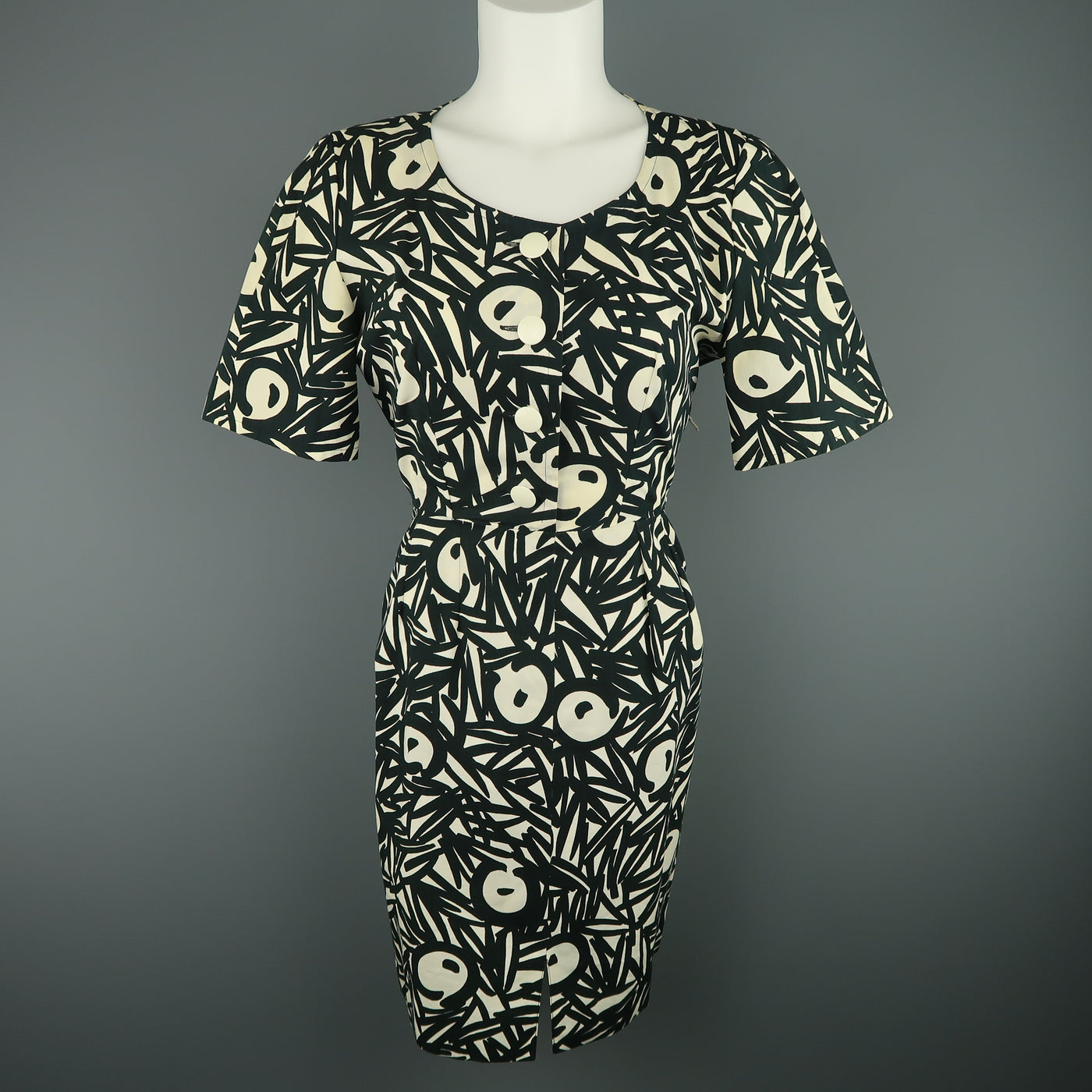 Vintage GUY LAROCHE Size 4 Black & White Printed Cotton Puff Sleeve Dress