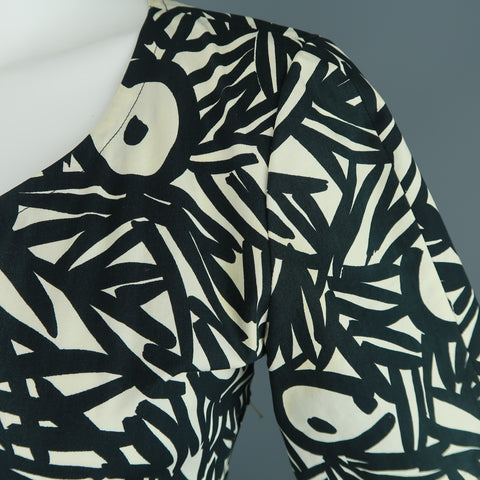 Vintage GUY LAROCHE Size 4 Black & White Printed Cotton Puff Sleeve Dress