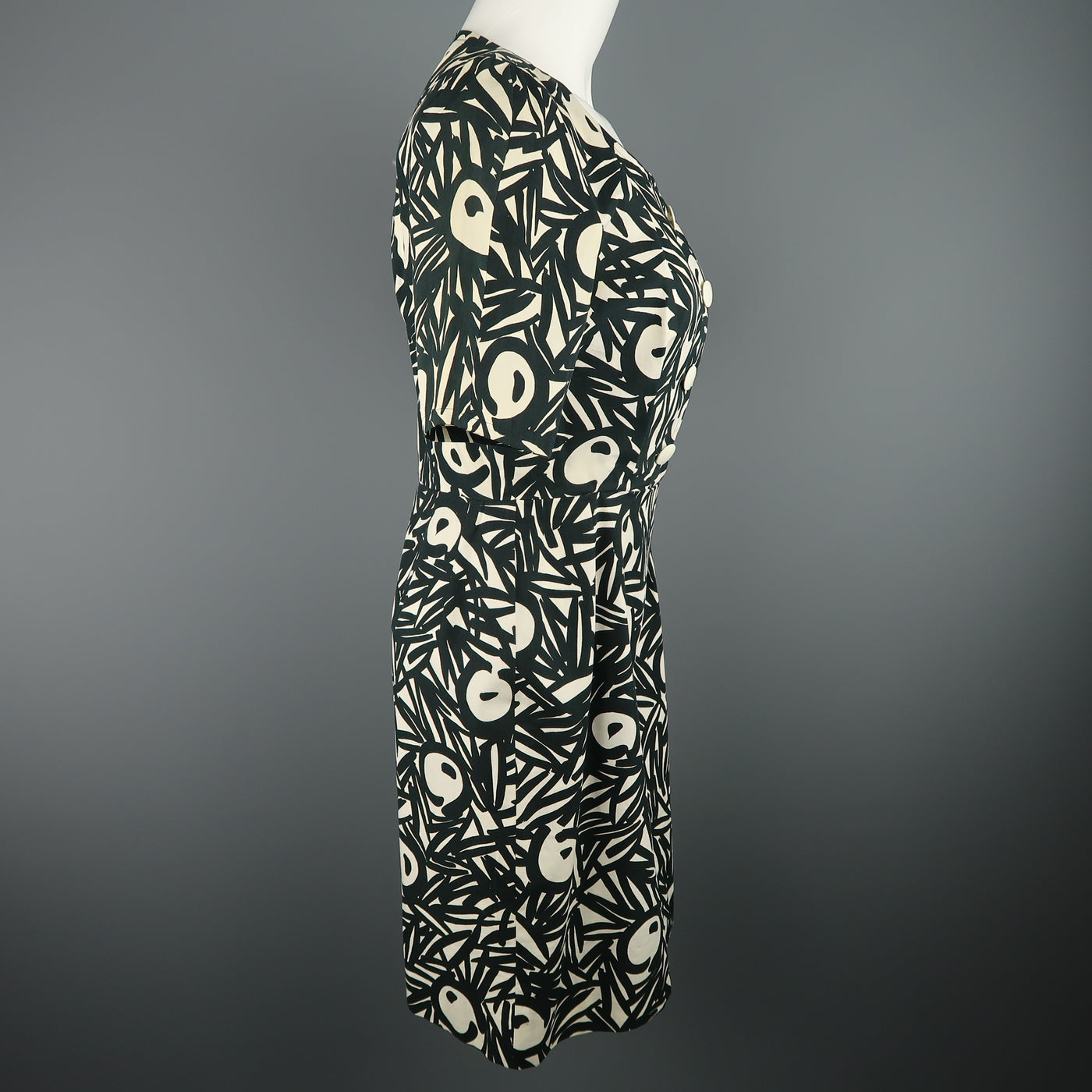Vintage GUY LAROCHE Size 4 Black & White Printed Cotton Puff Sleeve Dress