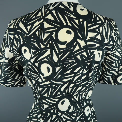 Vintage GUY LAROCHE Size 4 Black & White Printed Cotton Puff Sleeve Dress