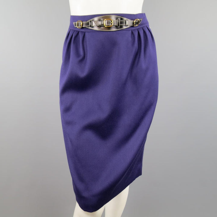 vintage HERMES Taille 4 Ceinture en cuir de laine violette Jupe crayon avant