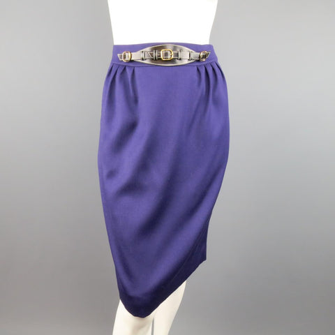 Vintage HERMES Size 4 Purple Wool Leather Belt Front Pencil Skirt