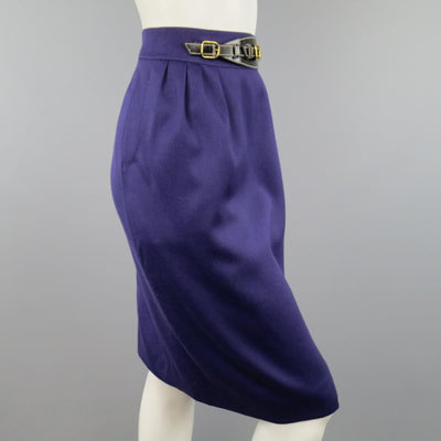 Vintage HERMES Size 4 Purple Wool Leather Belt Front Pencil Skirt