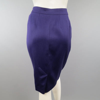 Vintage HERMES Size 4 Purple Wool Leather Belt Front Pencil Skirt