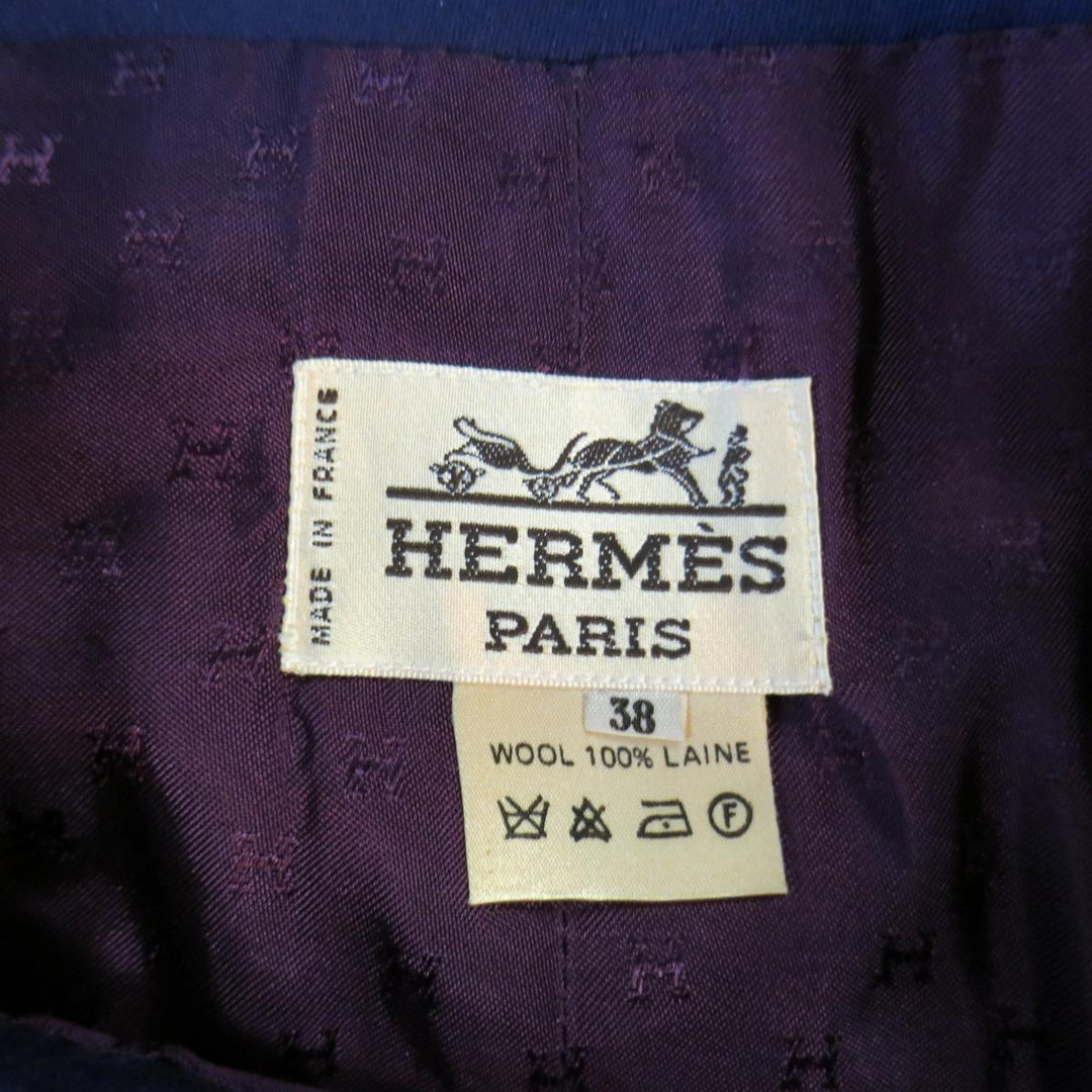 Vintage HERMES Tamaño 4 Púrpura Lana Cuero Cinturón Delantero Falda Lápiz