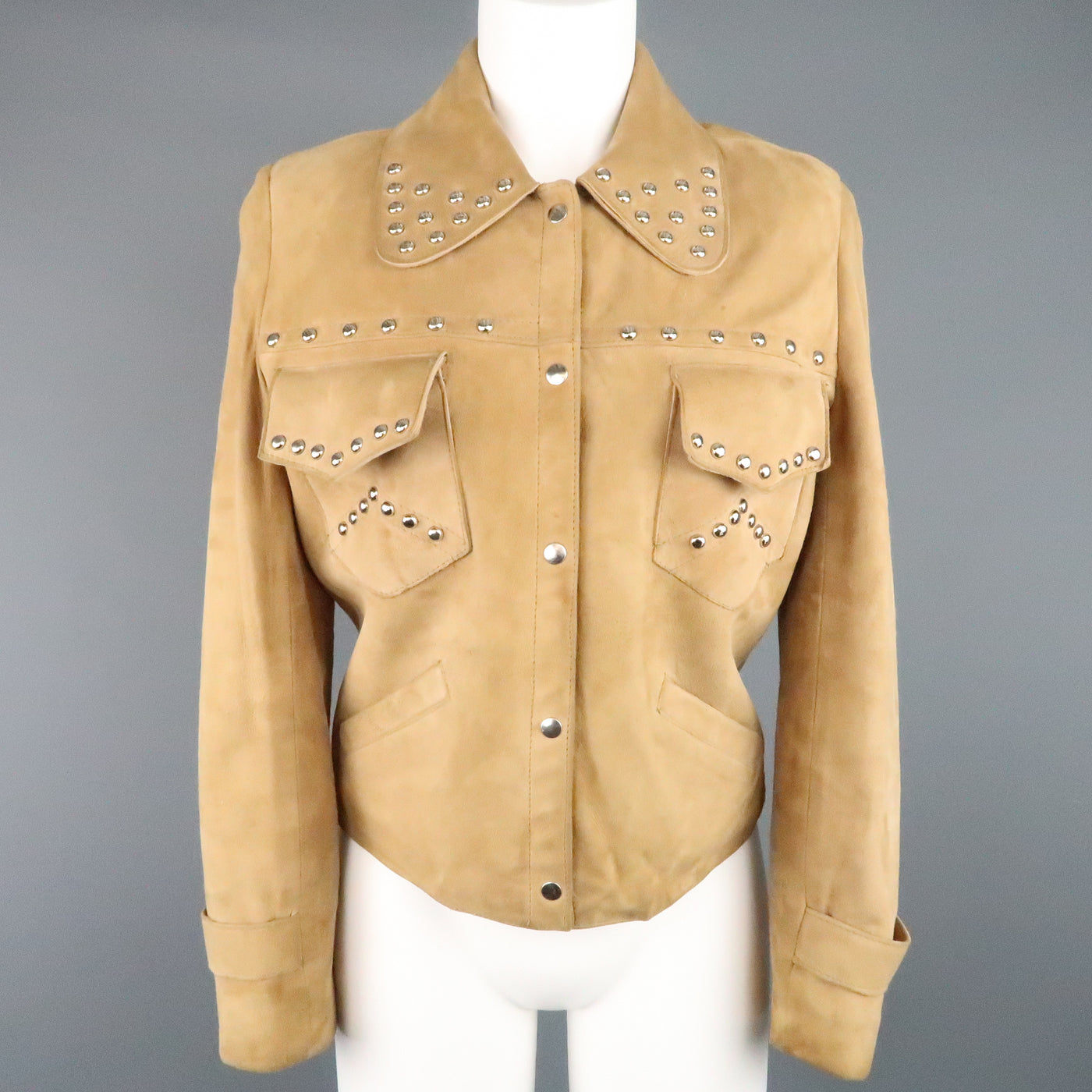 Vintage I.MAGNIN Size 12 Tan Studded Suede Cropped Snap Jacket