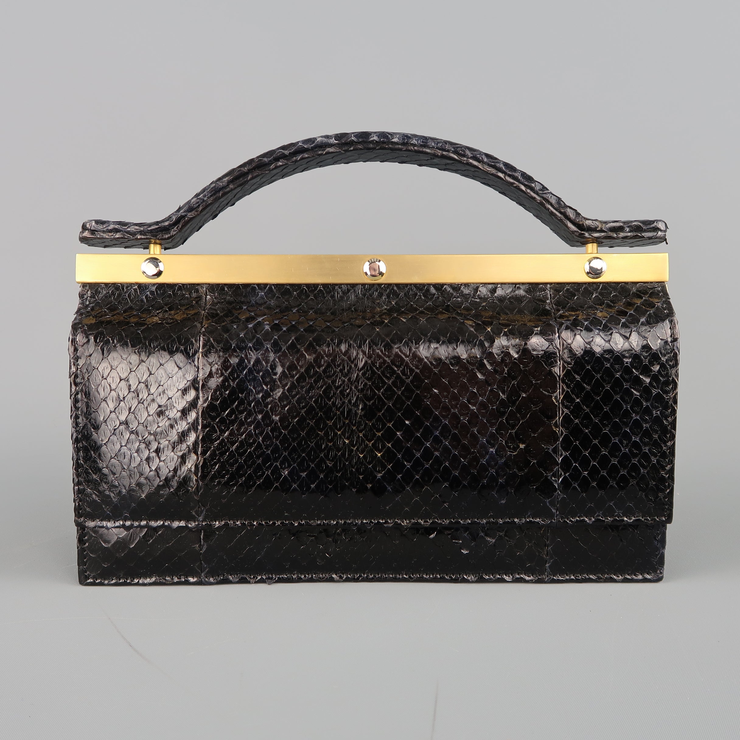 Vintage LEU LOCATI Black Snake Skin Leather Gold Metal Evening Handbag ...