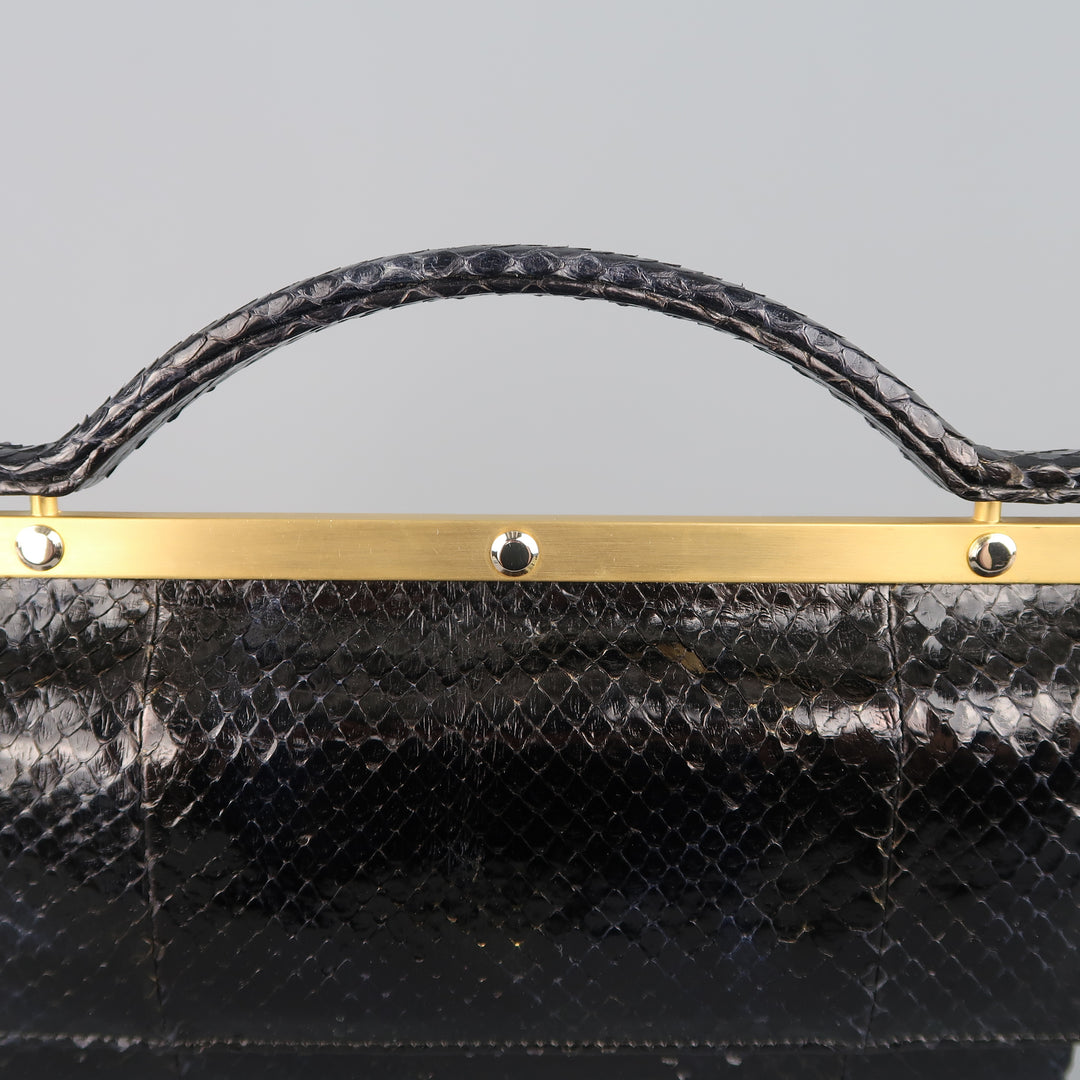 Vintage LEU LOCATI negro piel de serpiente cuero oro metal bolso de noche