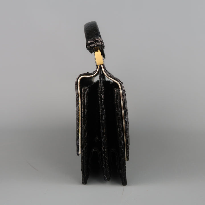 Vintage LEU LOCATI Black Snake Skin Leather Gold Metal Evening Handbag